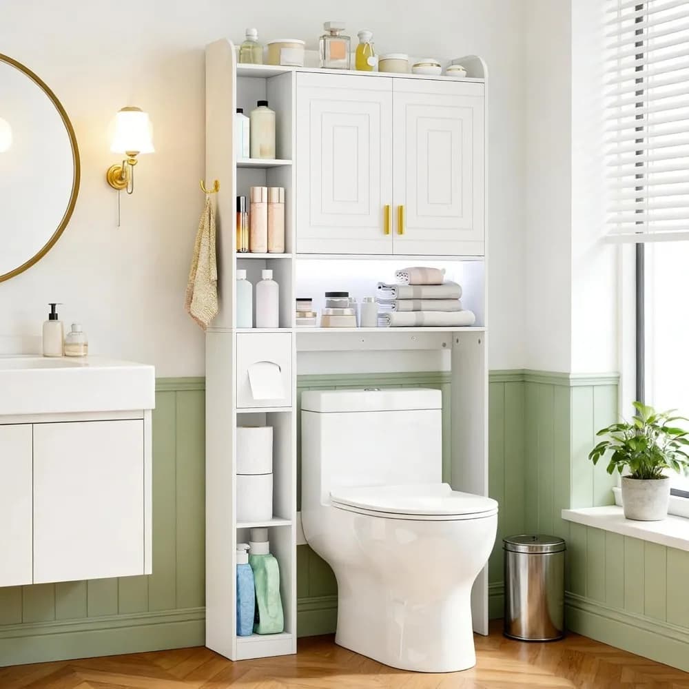 Mobiletto da bagno sopra il WC con luce LED, organizer da bagno da 31,5 pollici con porta carta igienica e gancio
