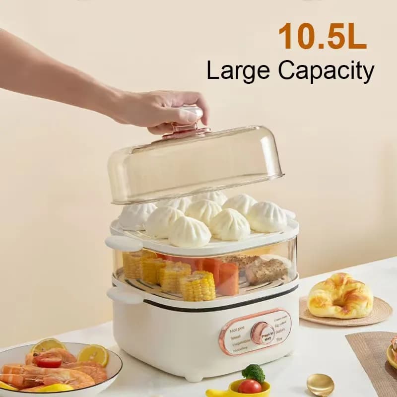 Vaporiera Elettrica a 2 Livelli Impilabile, Controllo a Manopola, Automatica, Piccola, per Cuocere Ravioli, Riso, Frutti di Mare