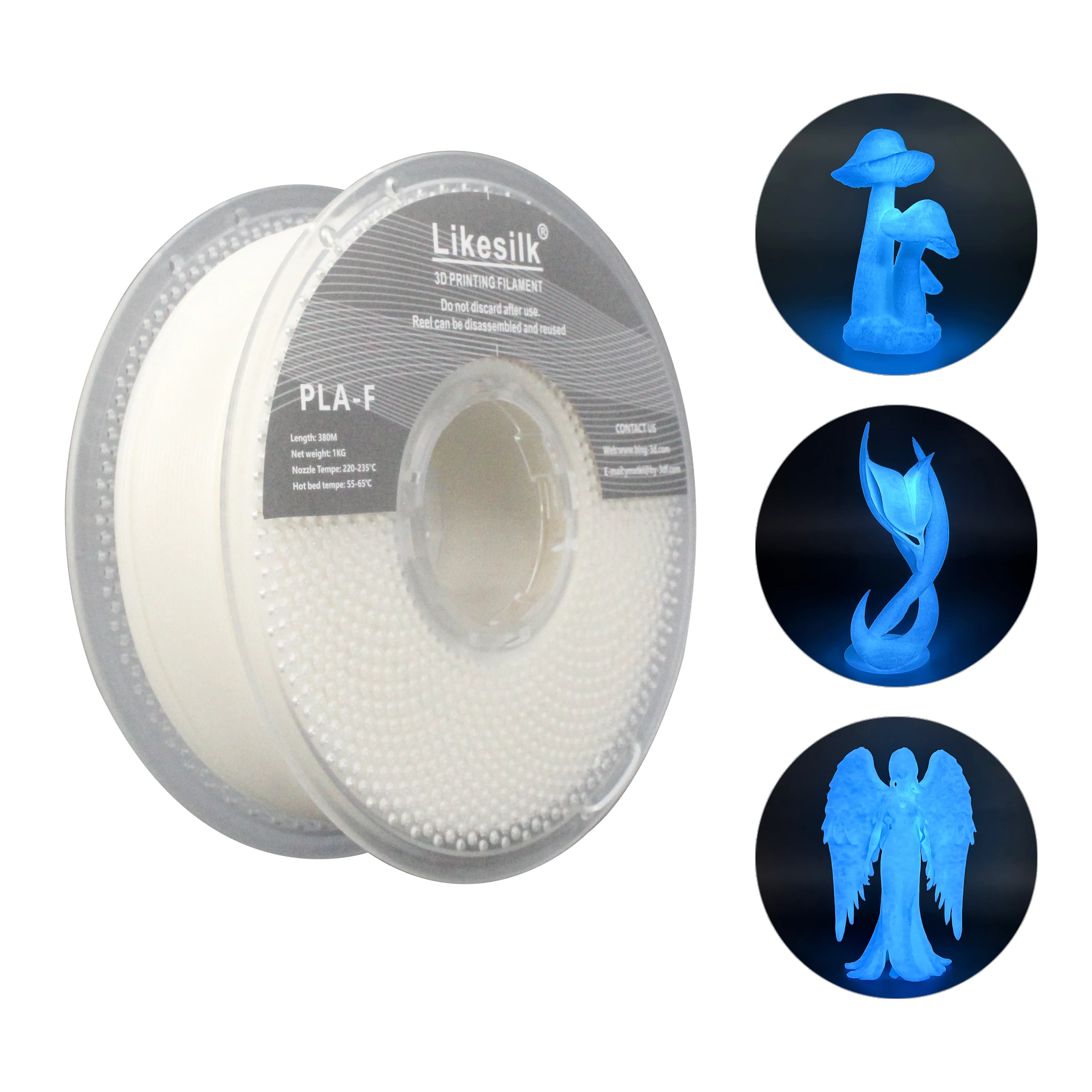 Likesilk PLA F Glow Blue in dark strand, PLA F filament for 3D printing Dimensional accuracy 1,75 mm +/- 0.02 mm, 1 kg coil Abs