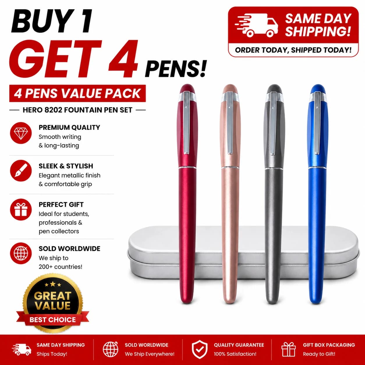 Hero 8202 Fountain Pen 4-Pack 4 Colors 0.5mm Iridium Fine Nib Full Metal Smooth Writing Pen Set for Students Office Business Sig