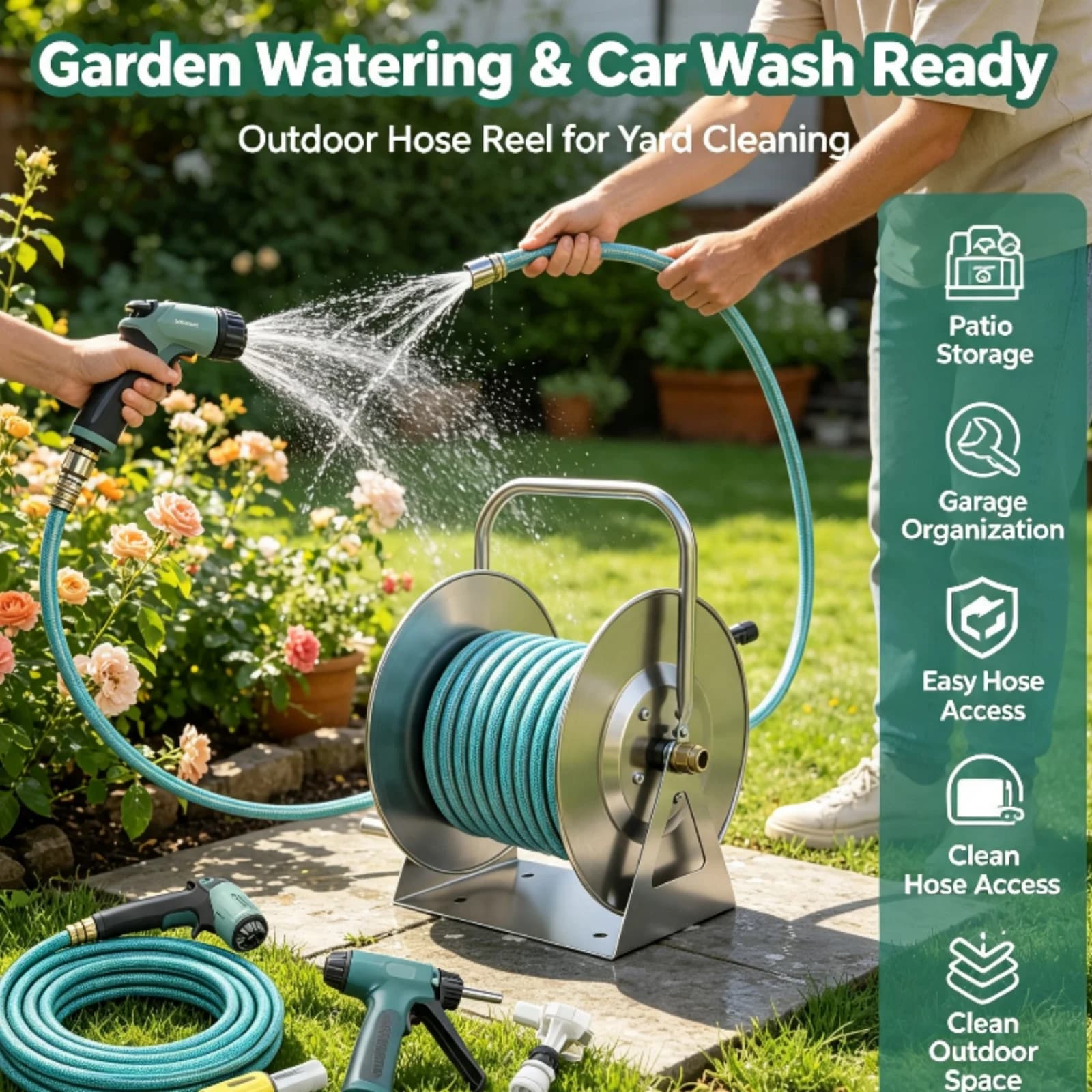 Stainless Steel Hose Reel Rust Proof Water Pipe Storage Reel for Outdoor Garden Watering Car Washing Accessory