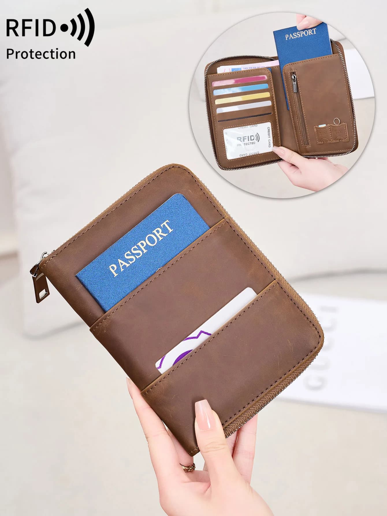 Borsa per passaporto con blocco RFID Borsa per documenti per biglietti da viaggio per uomo e donna, portafoglio per passaporto lungo con cerniera Copertina per passaporto alla moda