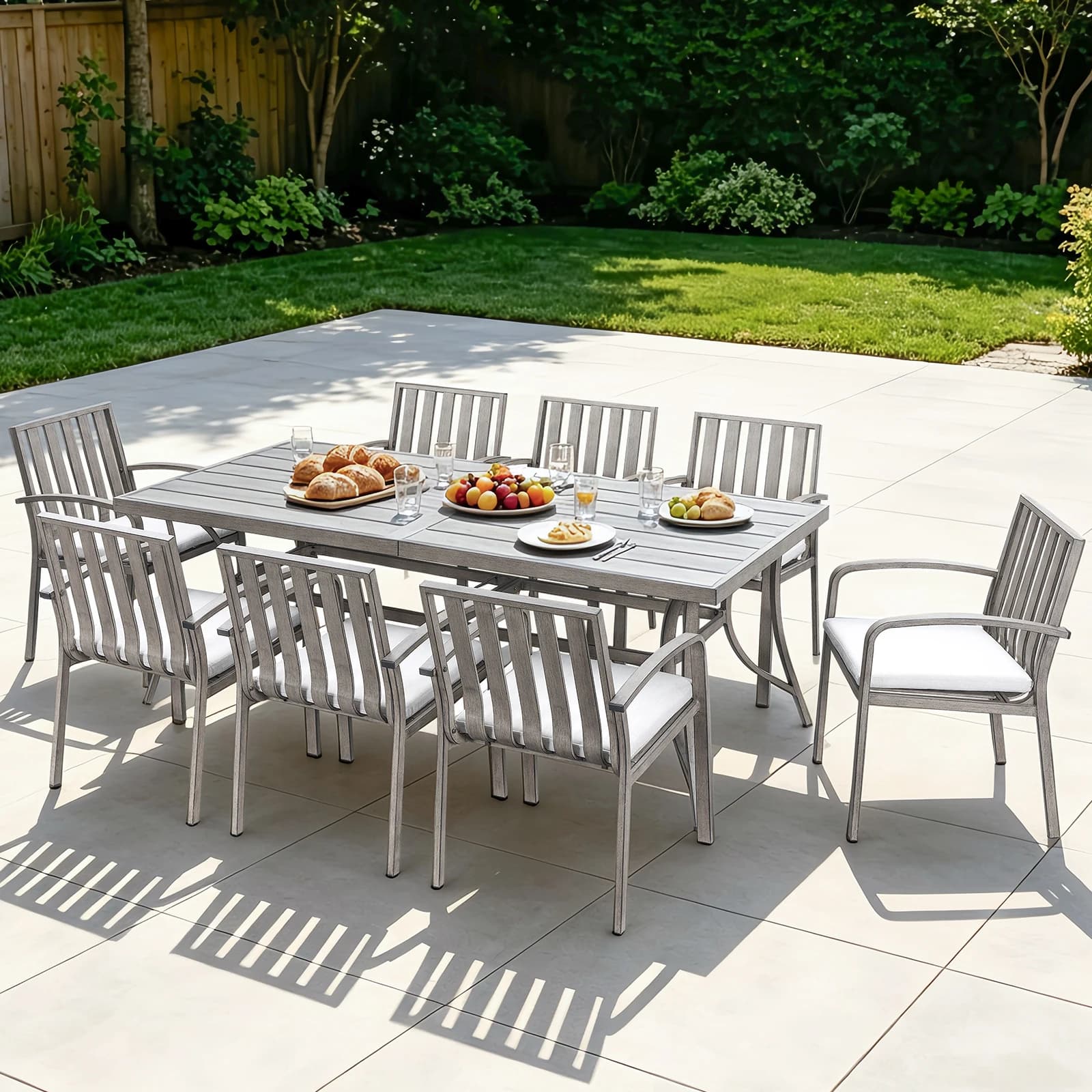 SeeHill Set da pranzo da patio da 9 pezzi, tavolo in alluminio con 8 sedie e cuscini, foro per ombrellone, terrazza, giardino, cortile, rovere limato