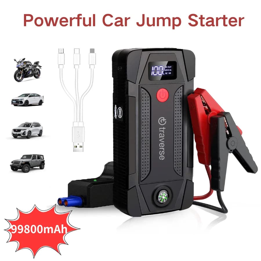 Avviatore portatile per auto, pacco booster batteria al litio 12V con luce LED, scatola di emergenza ultra sicura da 1000 A e cavi jumper.