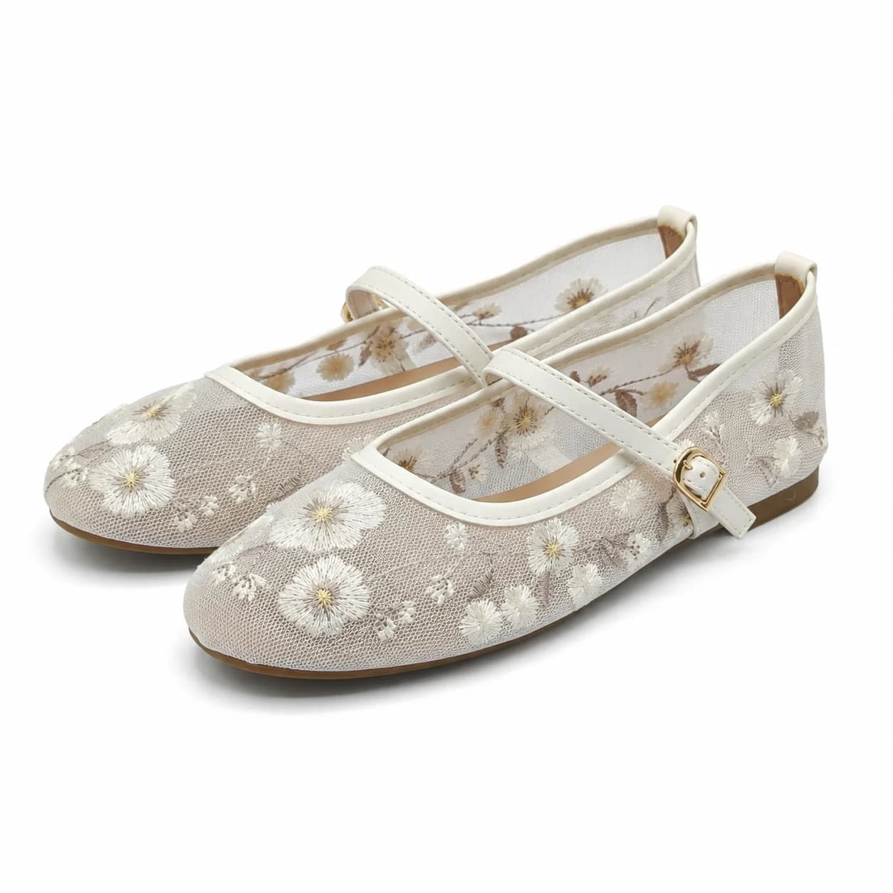 Women Floral Embroidered Mesh Mary Jane Flats Round Toe Buckle Strap Breathable Low Heel Casual Dress Shoes Spring Summer