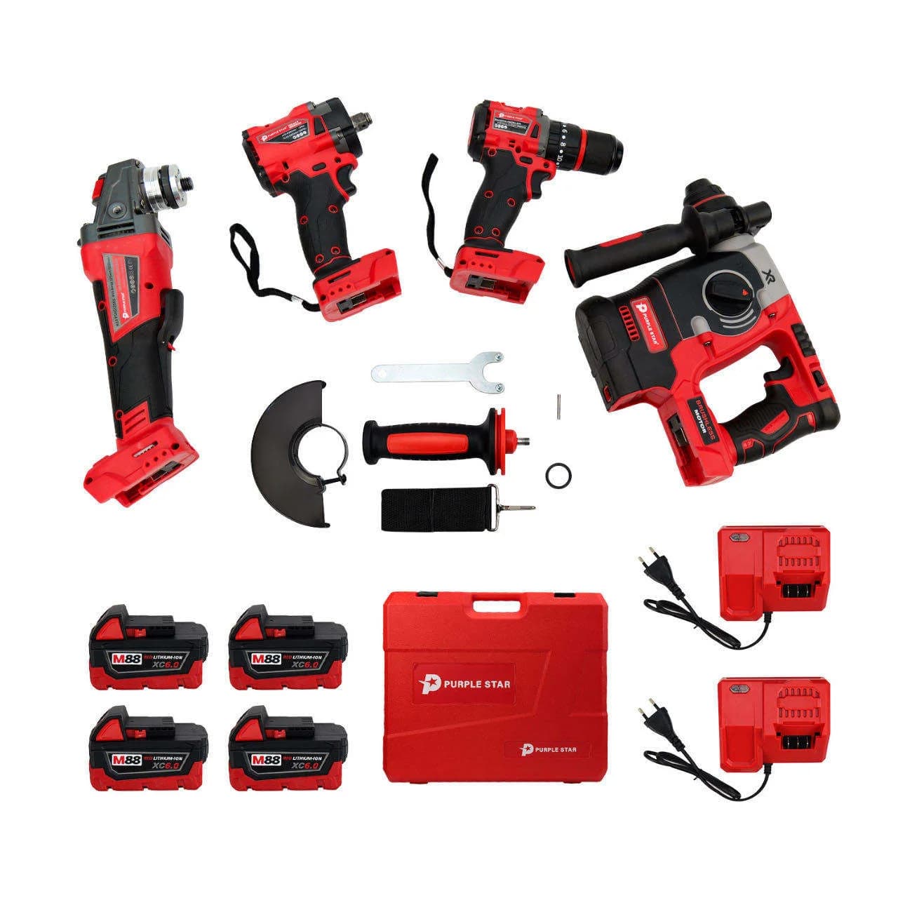 Set of Red Battery Tools 10 in 1 Brushless Percussion Trapano Angle Grinder 4 Machines 4 Batteries 2 Charger OEM No Key