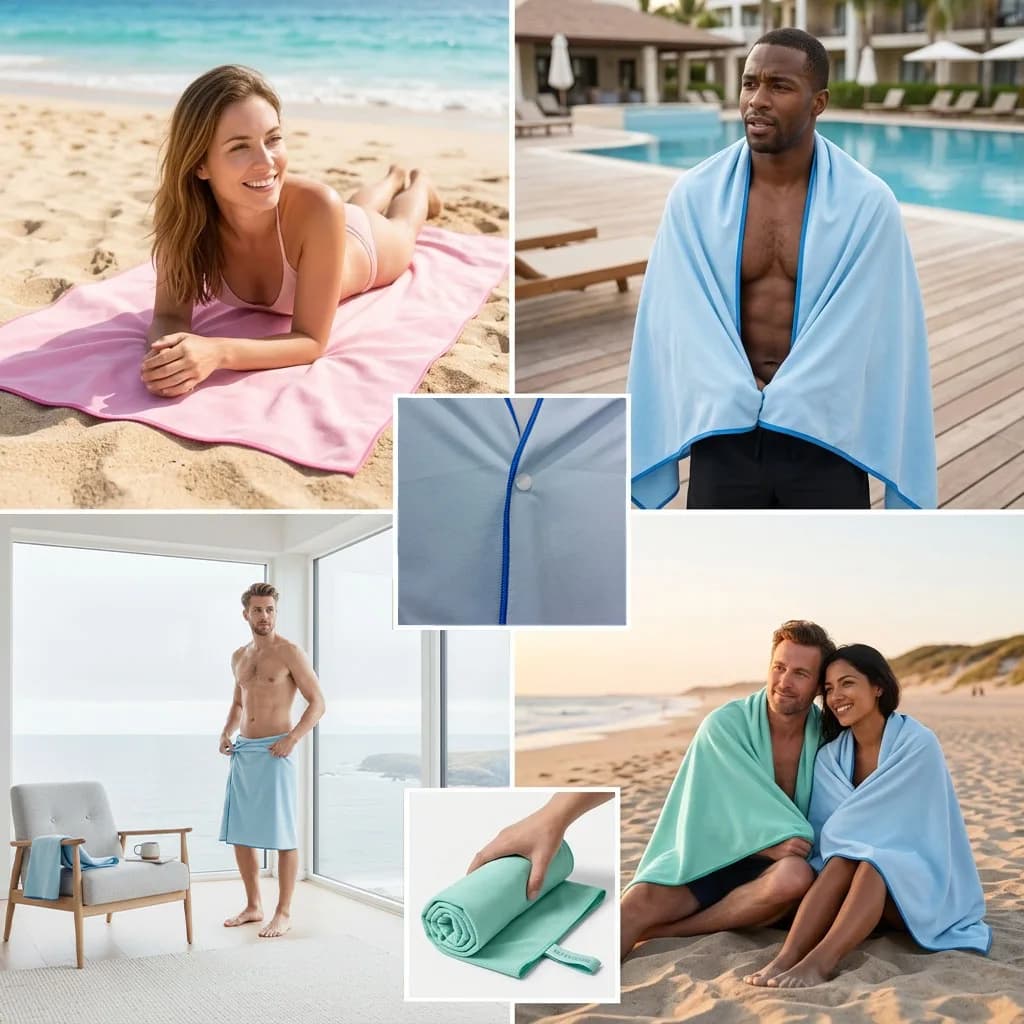 Quick‑Dry Microfiber Wrap Towel 80*160 CM With Button Soft Lightweight Absorbent Beach Swimming Towel Portable Travel Towel for