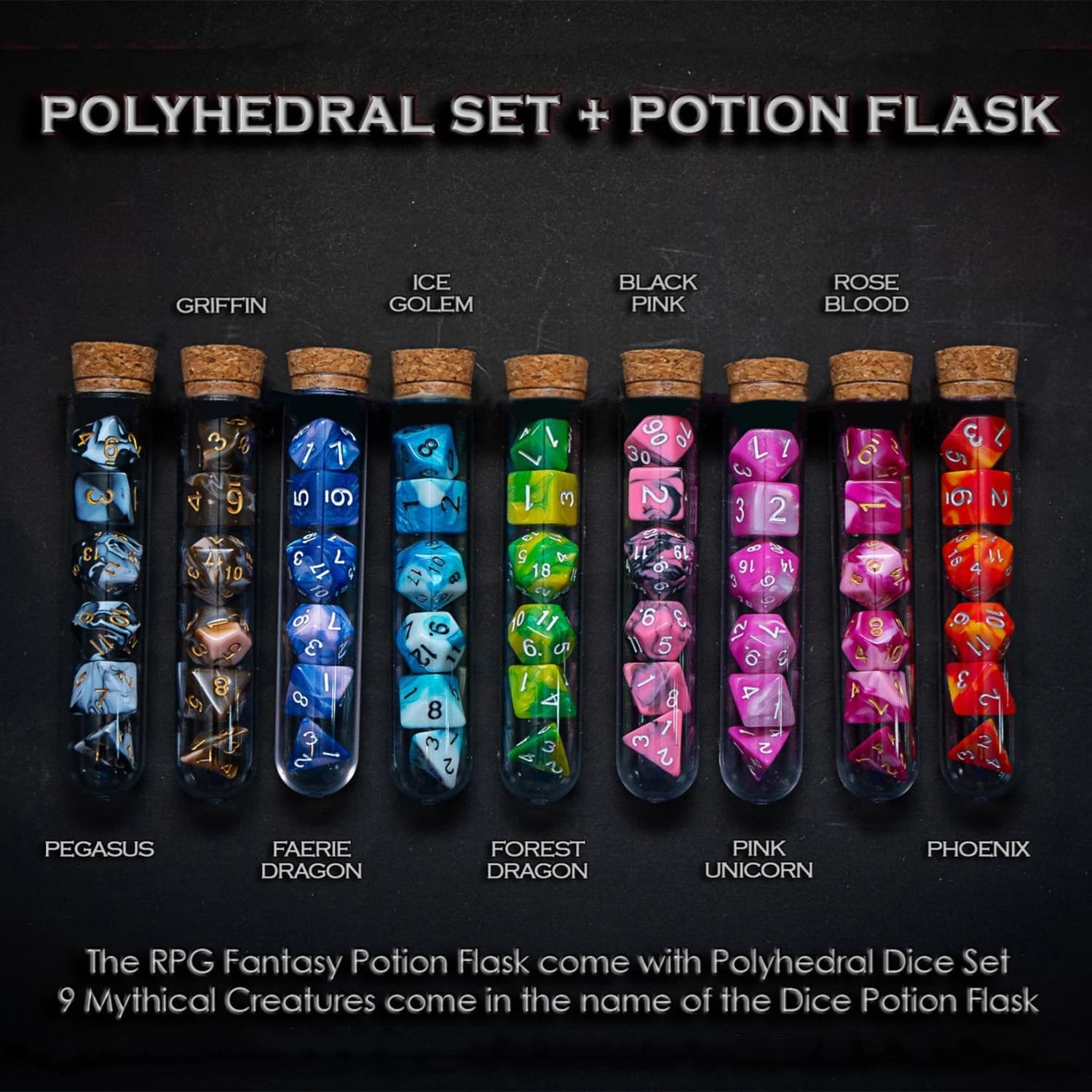 Set di dadi poliedrici D&D COC mitologia 7 pezzi/set fiaschetta per pozioni fantasy RPG | Set di dadi DND Dungeons and Dragons per giochi da tavolo
