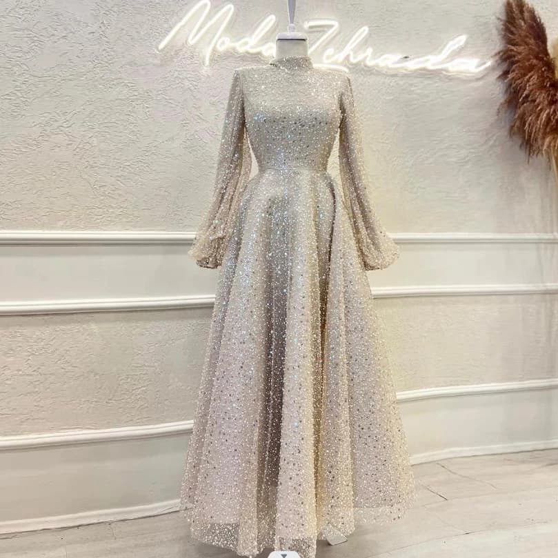 Luxury Hijab Dresses Custom evening dresses Muslim women's formal neck high sleeves long dance dress beads wedding party dress