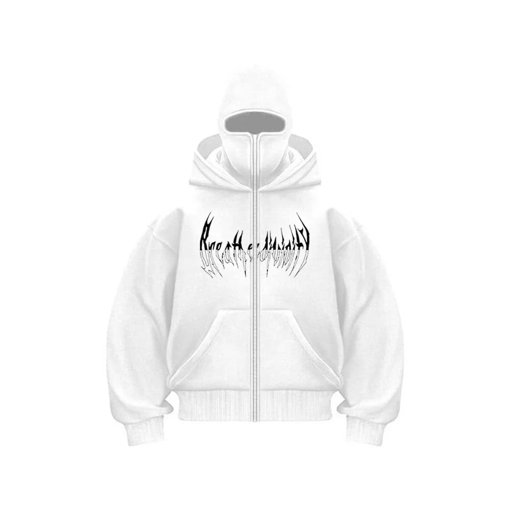 Unisex Balaclava Zip‑Up Hoodie, Oversized Y2K Dark Punk Streetwear Sweatshirt, Built‑in Face Mask Hoodie with Metal Gothic Text Print