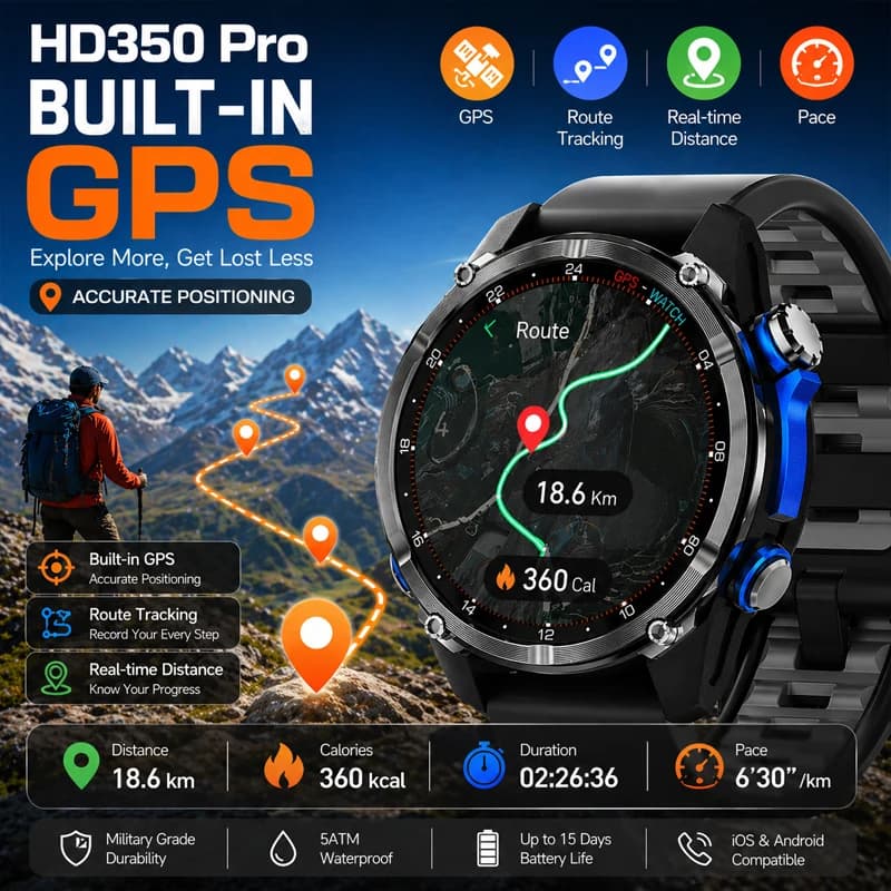 Orologio GPS per Sport all'Aperto da Uomo, Impermeabile 3ATM, Altimetro, Bussola, Mappa Offline, Batteria 540mAh, 100+ Modalità, Fitness Tracker, Smartwatch