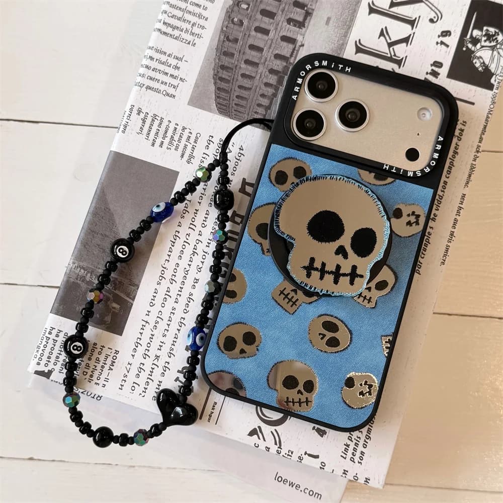 Fashion Funny Skull Head Magnetic Phone Case for iPhone 15 Pro 14 13 16 plus 17 Pro Max 16 Cover With Magsafe Stand Chain Case