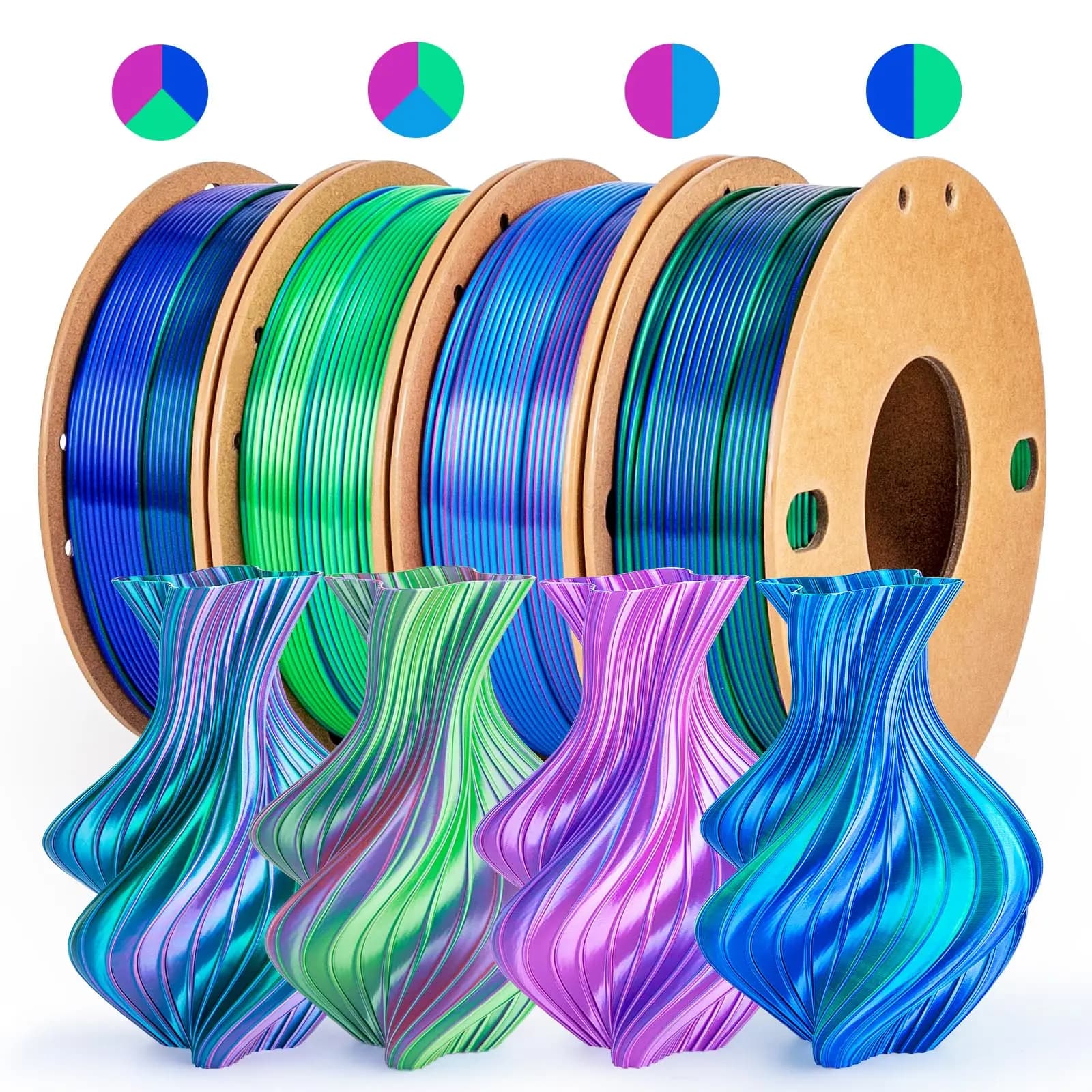 Silk PLA+ Pro 1.75 mm Silk 3D Printer Filament - 4 reel multicolor package (250 gx4) with red/blue sky/green/blue dark- tricolor