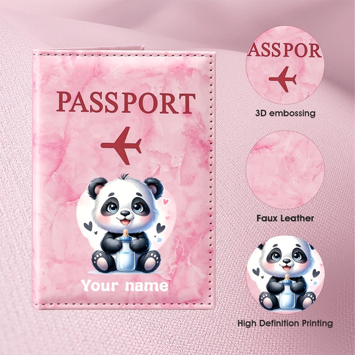 Personalized Name Custom Cute Panda Illustration Design PU Passport Holder, Adorable Panda Holding Heart Pattern