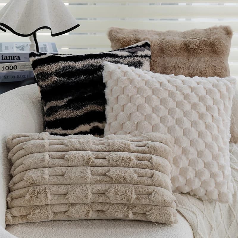 Soft Fluffy Plush Throw Cushion Cover 45x45cm Geometric Striped Decorative Pillow Cover for Living Room Sofa Bedroom Home Decor