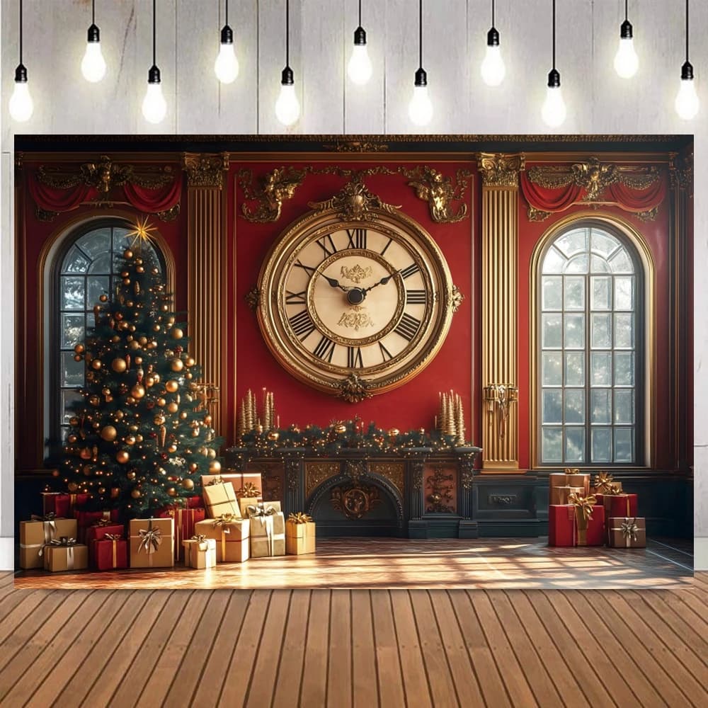 Sfondo fotografico di Natale Albero di Natale Regali Orologio vintage Parete rossa Neve Inverno Bambino Bambini Ritratto Banner Sfondo Puntelli