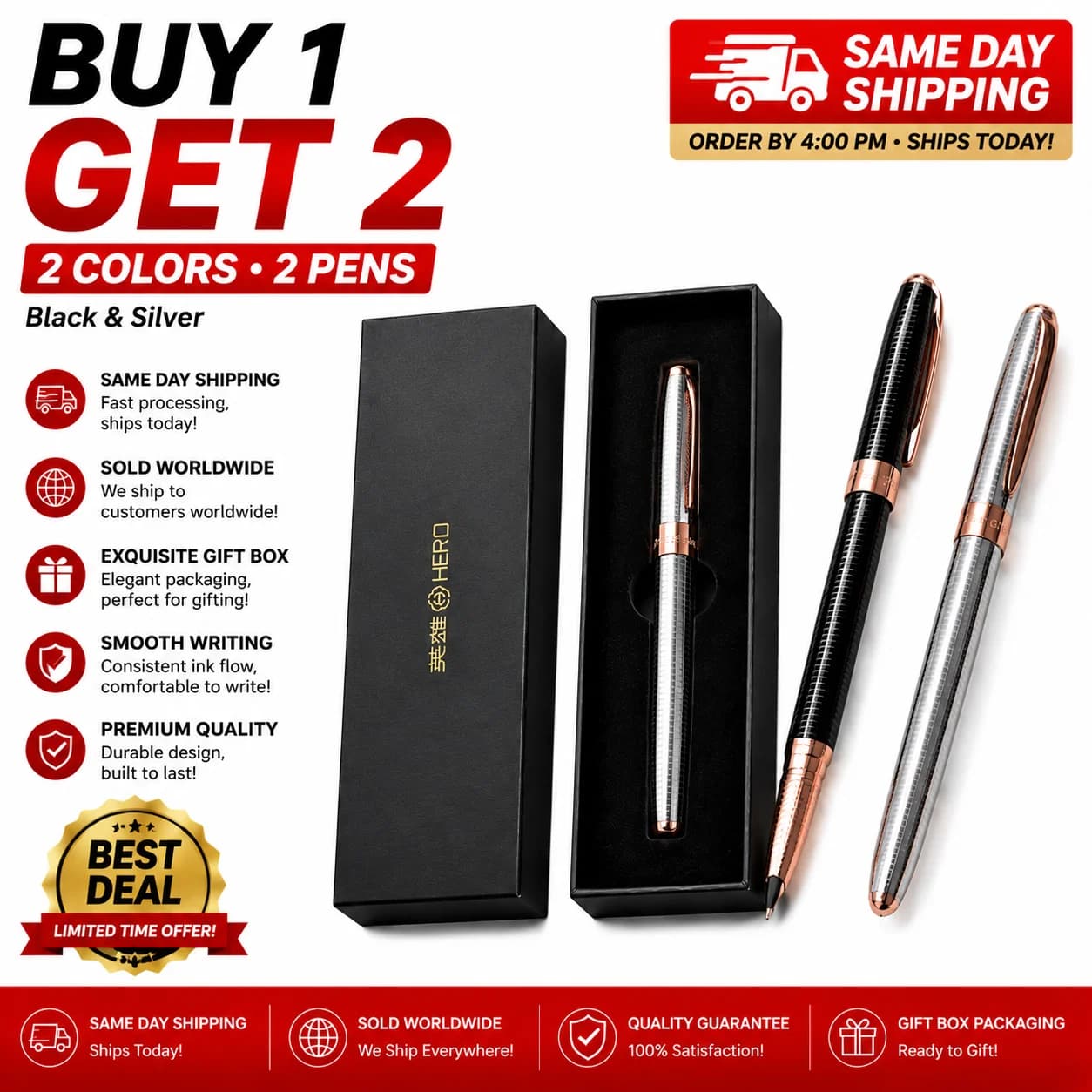 Hero 9630 Fountain Pen 0.5mm Fine Nib Smooth Writing Metal Pen 2-Pack Set for Students Office Business Calligraphy Daily Use