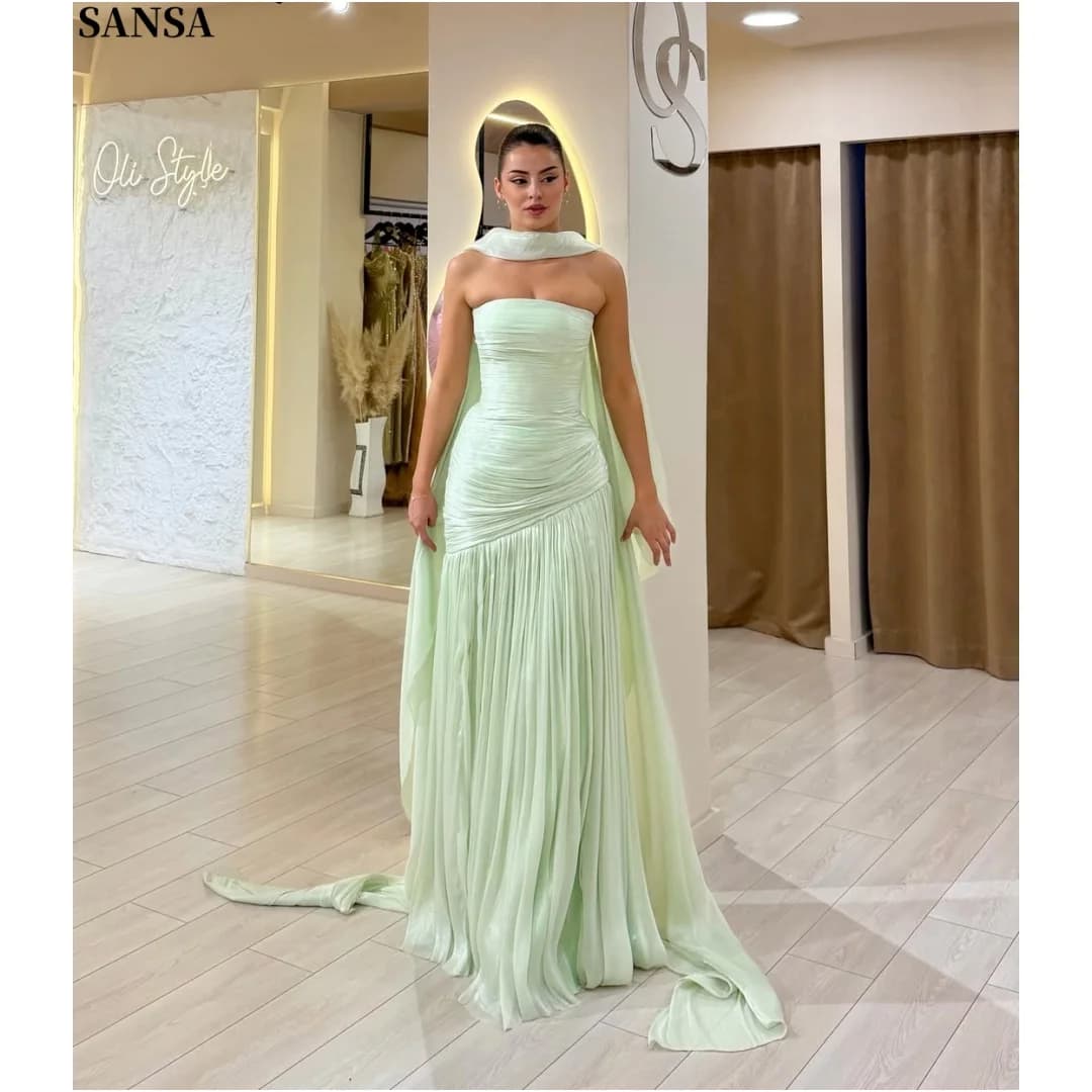 Sansa Customized Light Sage Green Tube Top Pleated Formal Gown Ruched Waist Detachable Neck Cape Floor Sweep Train Prom Dress