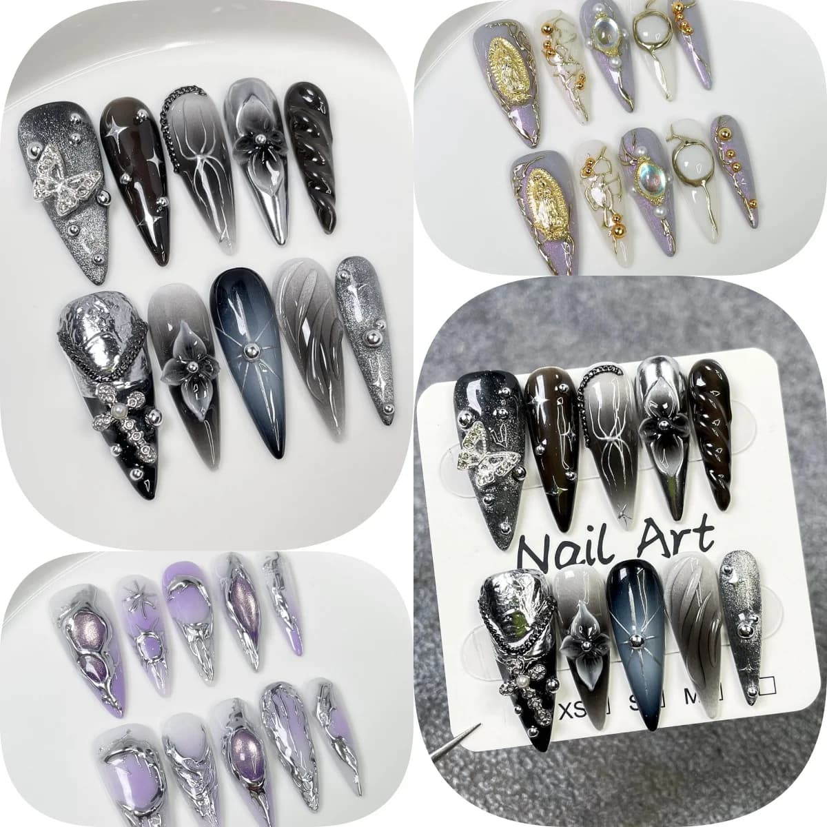 10 pezzi nero sfumato lungo stiletto stampa sulle unghie spezie artificiali 3D farfalla metallica floreale disegni unghie finte staccabili