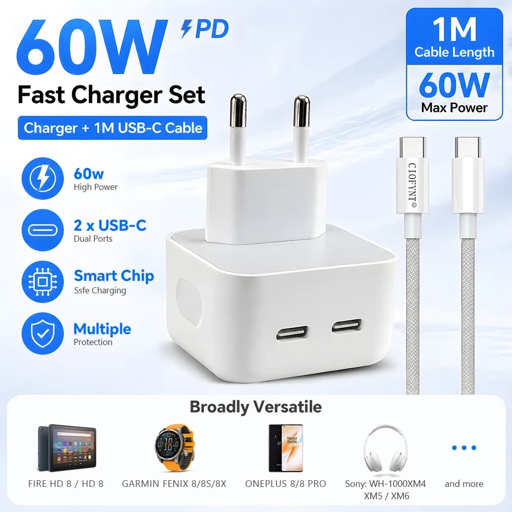 CIOFYNT 35W Dual USB-C PD Fast Charger EU Plug, 2-Port PPS Fast Wall Charging Adapter For iPhone Samsung Android Phones Tablet