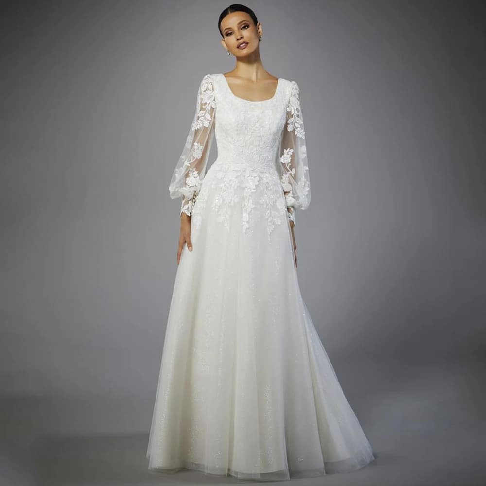 Abito da sposa Vintage con colletto quadrato Tulle Applique Illusion manica lunga lanterna da sposa a-line lunghezza del pavimento con bottoni abiti