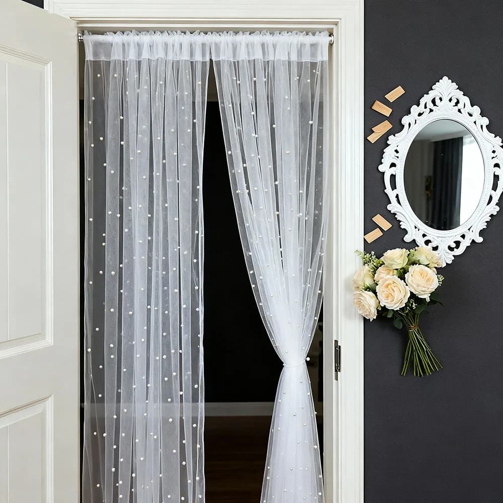 2 pezzi di romantica tenda in tulle bianco perlato con tasca sull'asta nella parte superiore, adatta per matrimoni, feste e decorazioni per tende per porte.