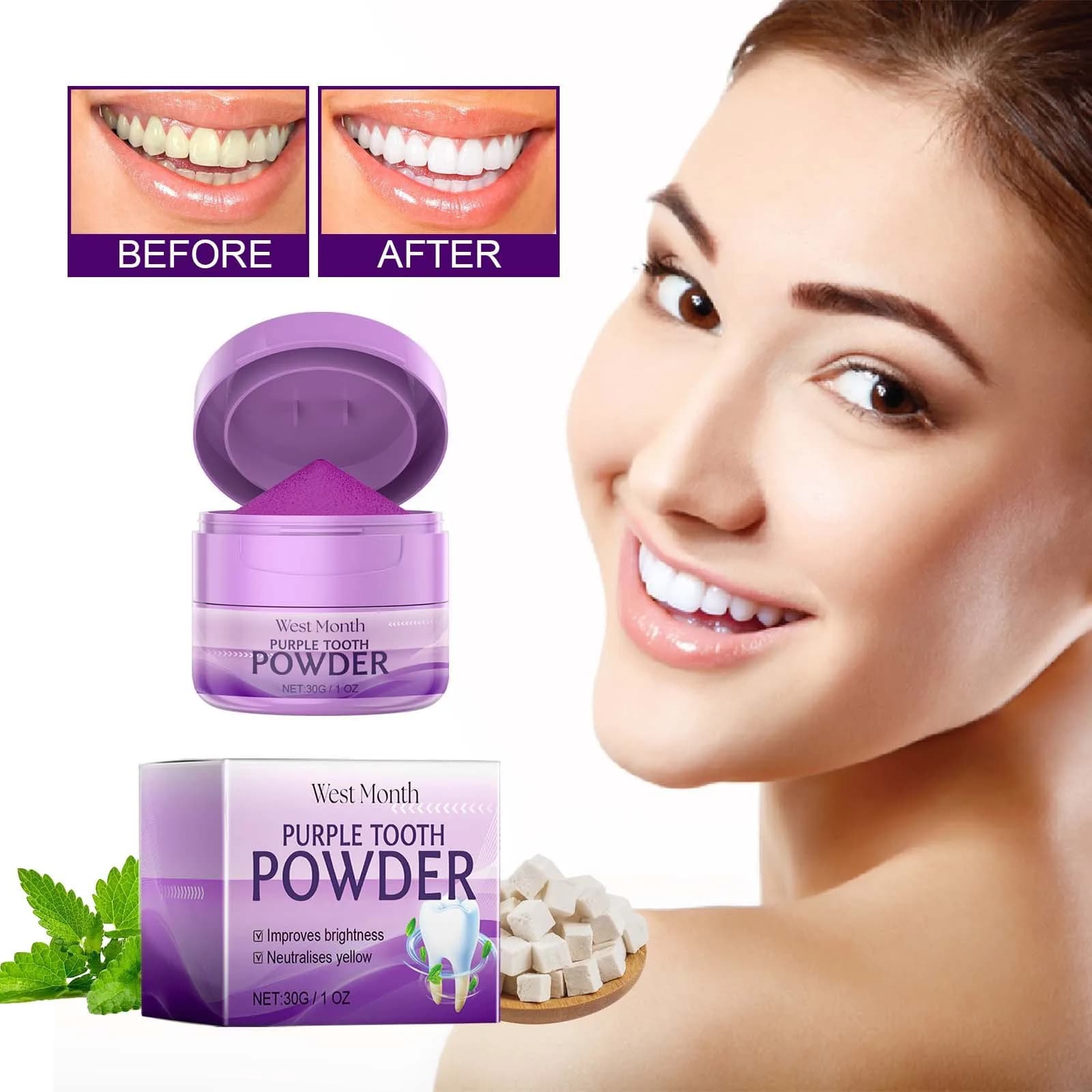 West & Month 30g Denti Whitening In Powder Denti Macchie Black Removal Fresco Bad Food Hygiene Oral Whitening Yellow Dentale Powder