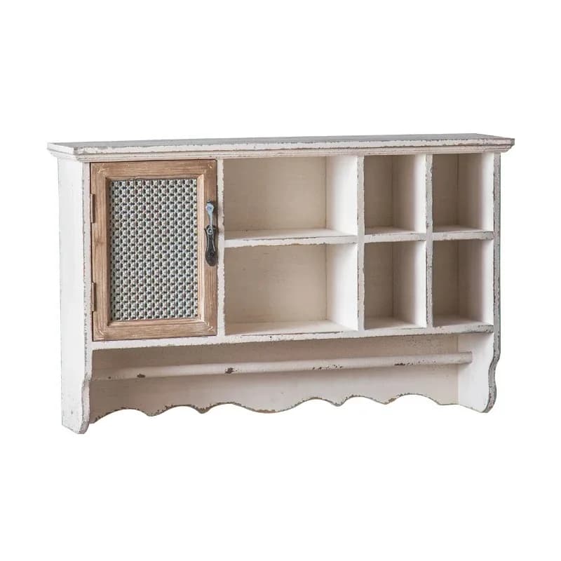 Vintage Distressed Wood Wall Cabinet with Metal Mesh Door, Farmhouse Multi-Cubby Storage Shelf and Towel Bar, 80cm