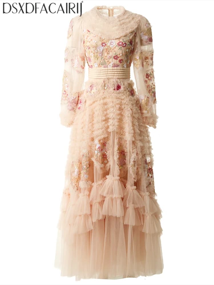 DSXDFACAIRIJ Abito lungo da donna vintage primaverile/estivo con scollo a O, maniche a lanterna, perline, paillettes e ricami, con ampia gonna a pendolo