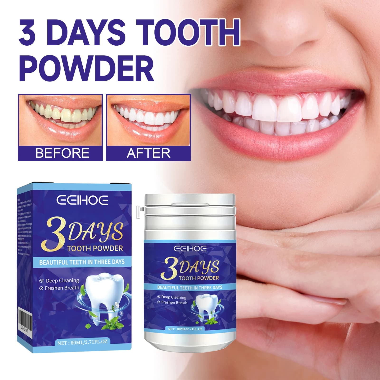 80ml Eelhoe Tooth Whitening Powder Remove The White Tooth Plaque Clean White Tooths Odores Fresh Food Natural Tooth Clean Powder