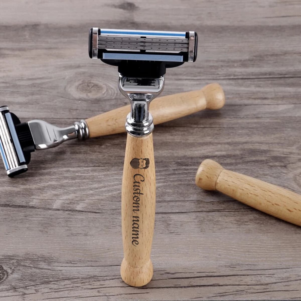 Custom Name Laser Engraved Wood Razor Personalized Bearded Man Pattern Groomsmen Gift Father's Day Gift Christmas Gift