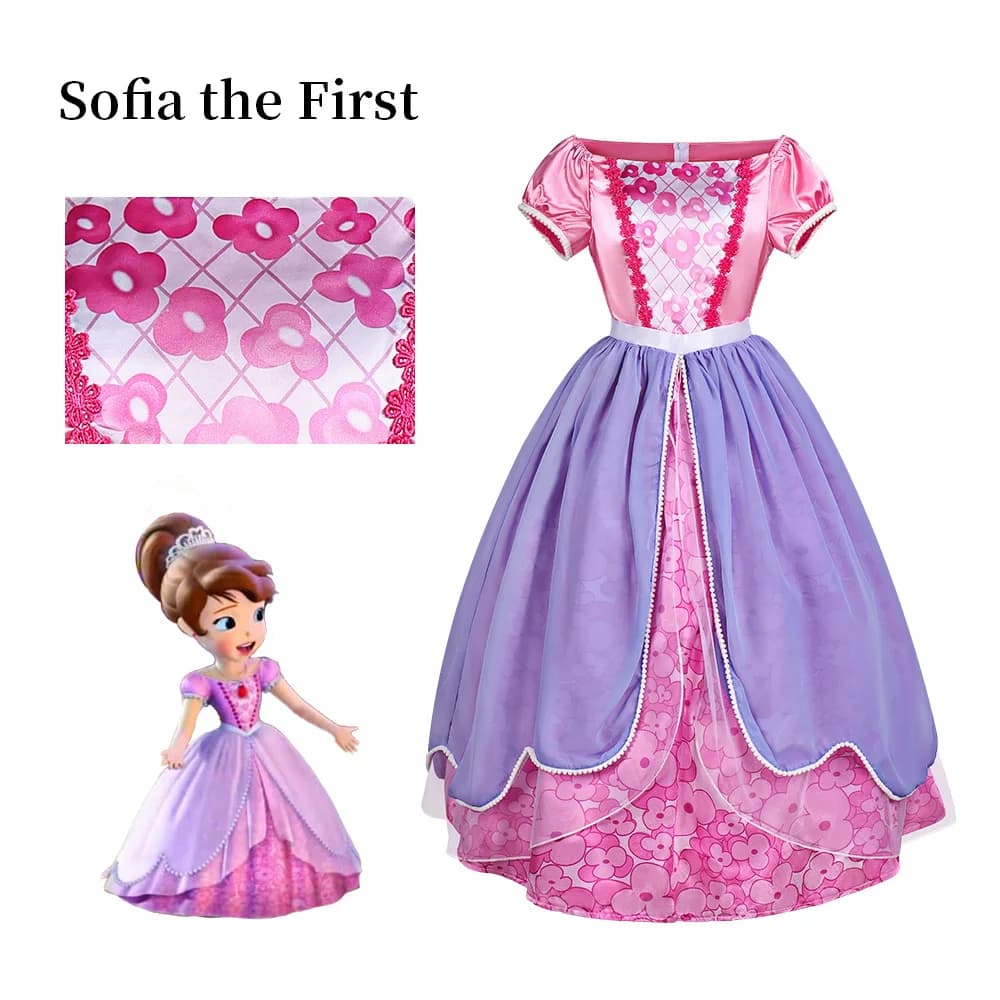 Costume da Principessa Sofia per Donna Adulta, Abito Cosplay con Stampa Floreale, Vestito in Raso Viola per Halloween e Feste in Maschera