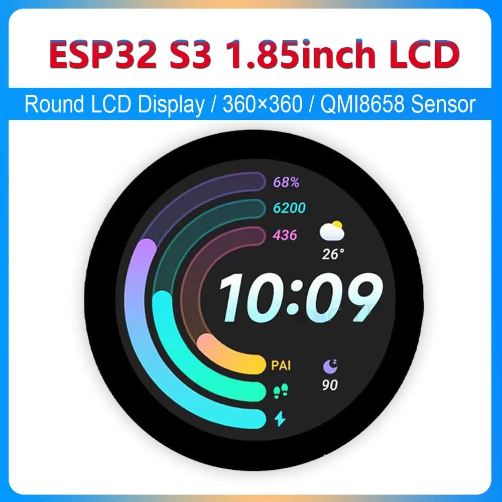 ESP32 S3 Display LCD rotondo da 1,85 pollici WIFI/BT 360 × 360 QMI8658 Sensore giroscopico MIC Micro SD MP3 Altoparlante Batteria audio LVGL HMI Arduino