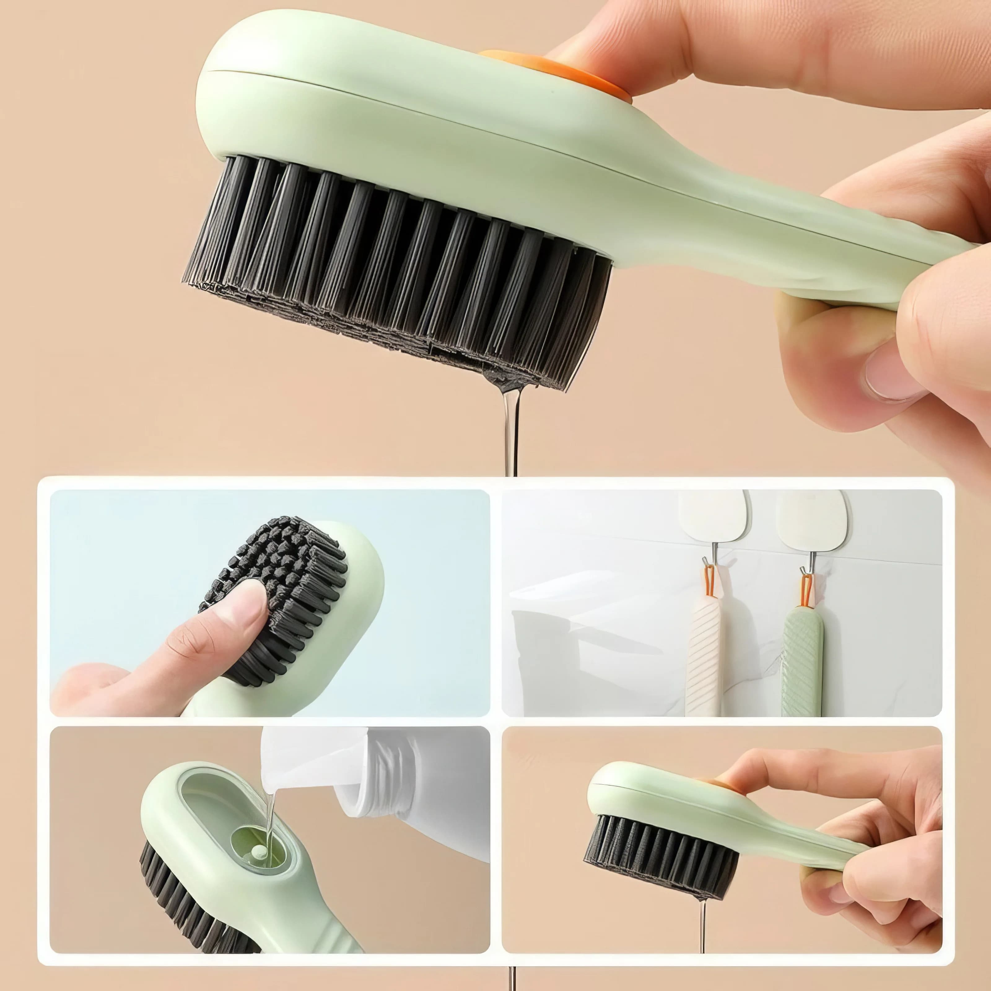 Setole morbide al tatto, pratico vassoio per liquidi, azione non abrasiva, manico verde chiaro, design efficiente, rivitalizzatore per scarpe.