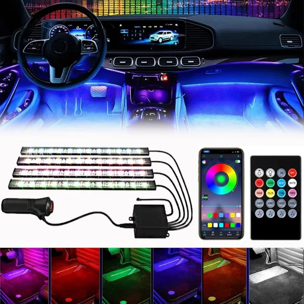 Kit Luci LED a Striscia per Auto, Illuminazione Ambientale RGB per Interni Auto con Sincronizzazione Musicale Bluetooth e Controllo Remoto via App