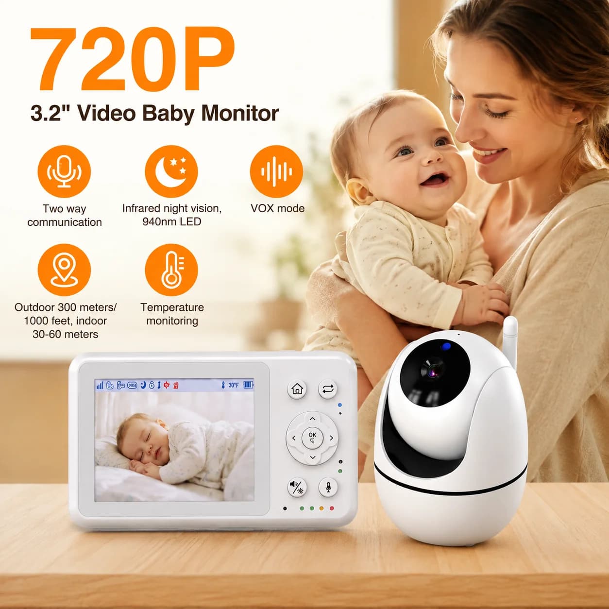 Video Baby Monitor 3.2 Inch LCD Screen 720P Camera No WiFi No App Plug And Play 2‑Way Talk VOX Mode Cry Detection 2X Zoom 940NM