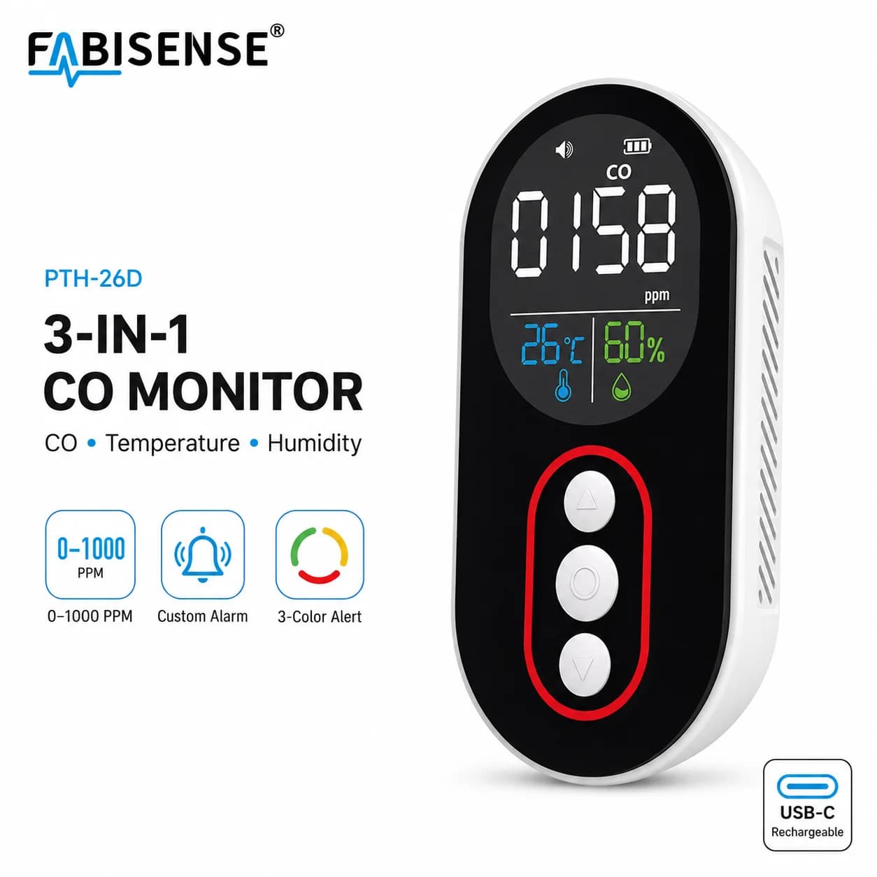Fabisense Portable Carbon Monoxide Detector withAudio & Red Flash Alert, CO Alarm with Digital Display for Travel, Car, RV, Home