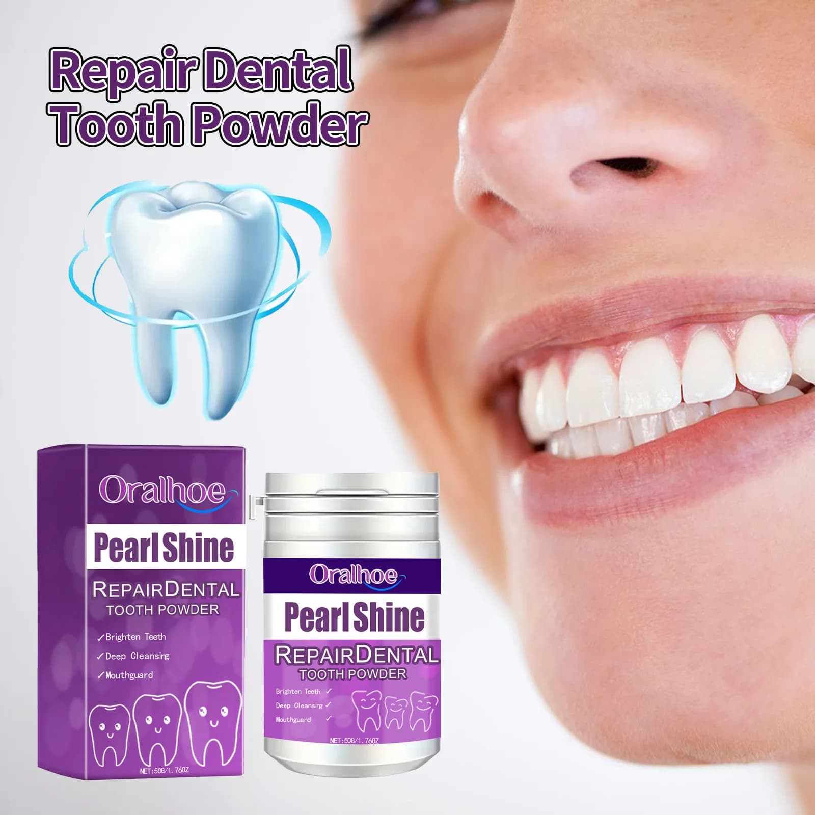 Purple Powder Remove stains Polished Plate Safe Reducing the unpack Improves the health of the gums Remove the residues of the teeth Fresh mint Oral hygiene