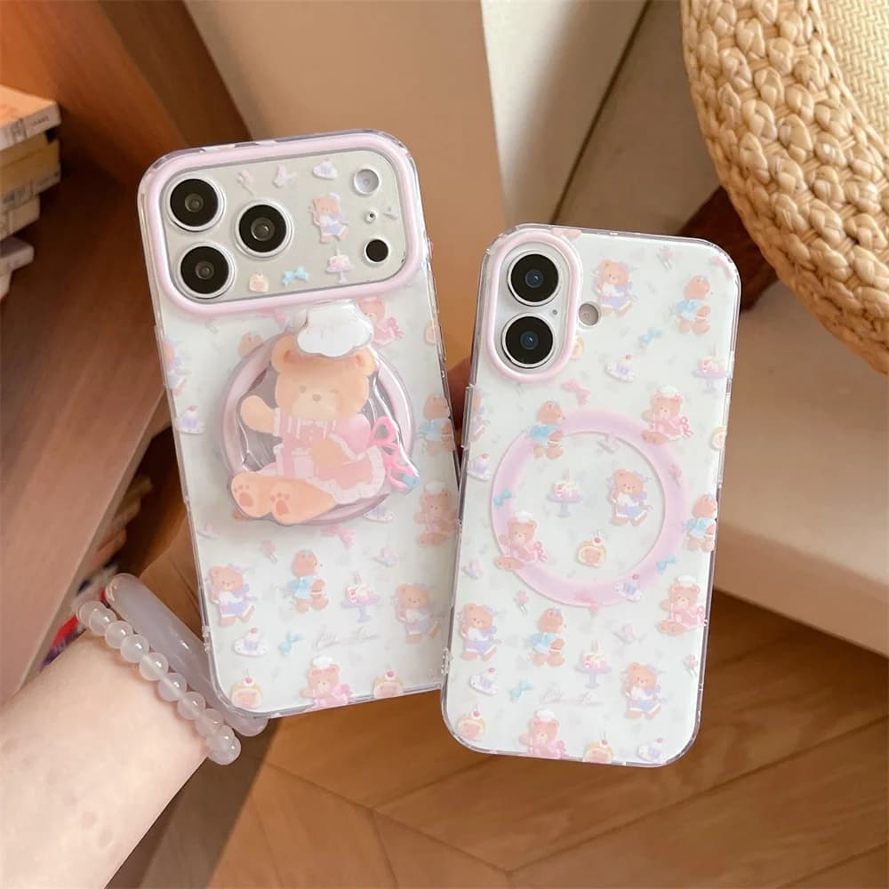 Kawaii Bear Magnetic Phone Case for iPhone 17 16 15 Pro 15 16 Pro Max Funda With Magsafe 3D Cartoon Stand Cases For Apple 17 Pro
