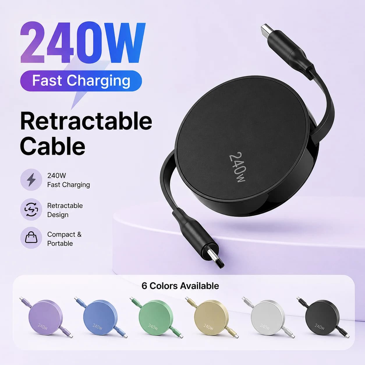 Cavo USB C retrattile da 240 W PD a cavo di tipo c per MacBook iPad Cavo di ricarica rapido per iPhone 15 Plus Pro Max Cavo dati per caricabatterie