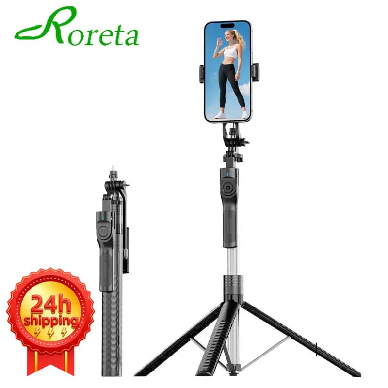 Treppiede selfie stick wireless Bluetooth da 1,9 m, 360° ° Supporto per telefono portatile girevole in acciaio inossidabile, leggero e portatile