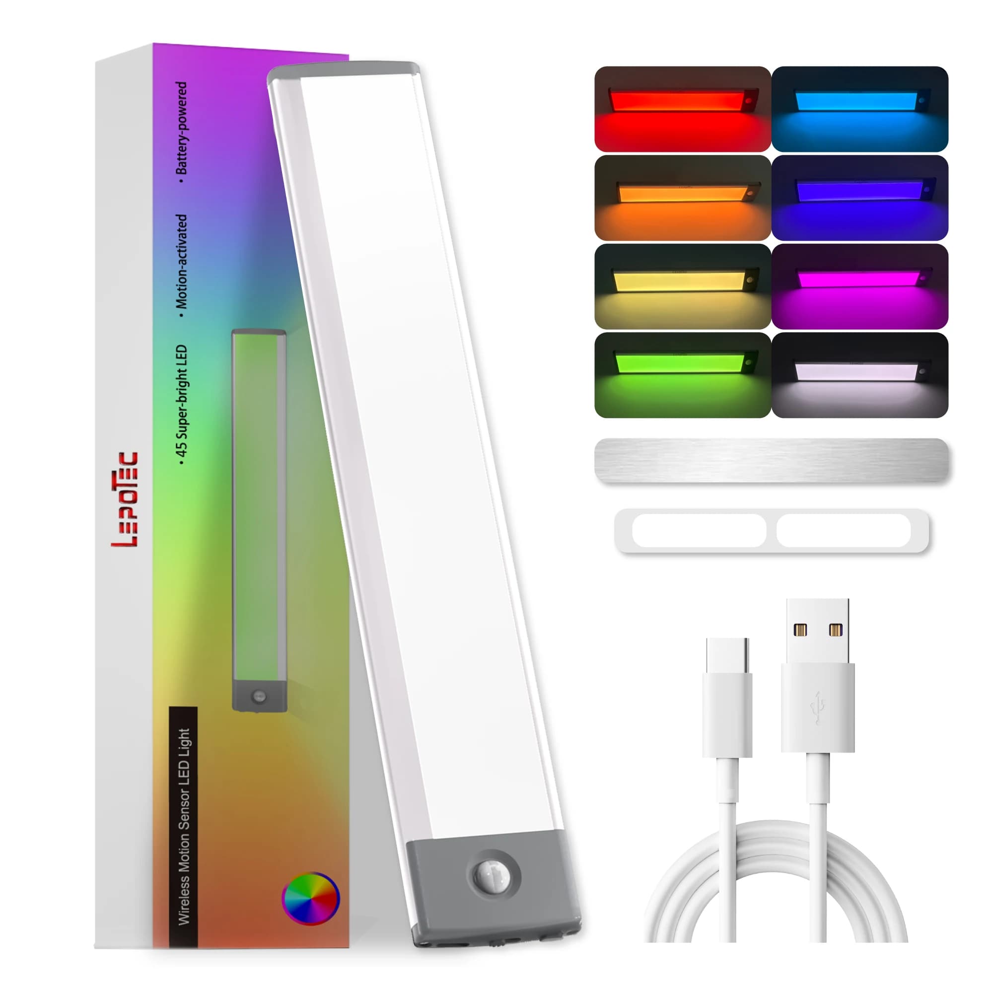 LEPOTEC 1pc 45LED RGB Wireless Ricaricabile Sensore di Movimento Luci per Armadietto, Luci per Kicthen, Camera da Letto, Hotel, Bar, Sala Giochi