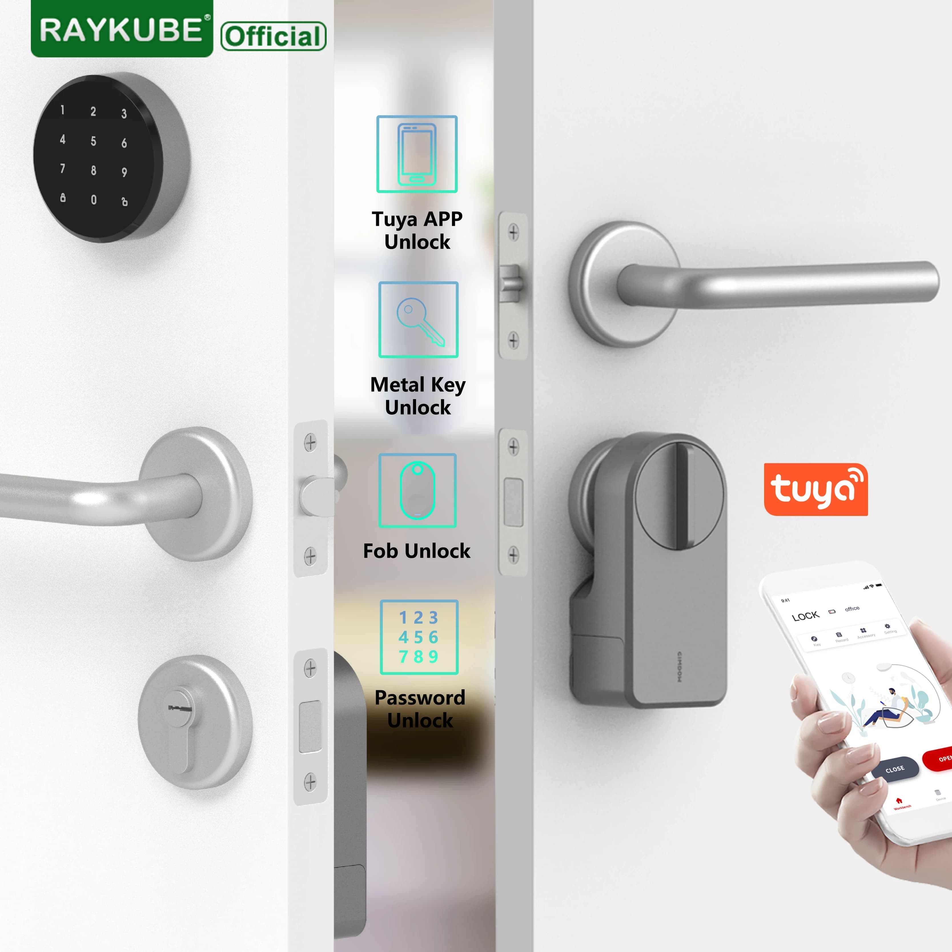 RAYKUBE A1 Pro Tuya BEL Set serratura elettronica intelligente con portachiavi/tastiera wireless/chiave intelligente Smart Life/APP Tuya sblocco remoto