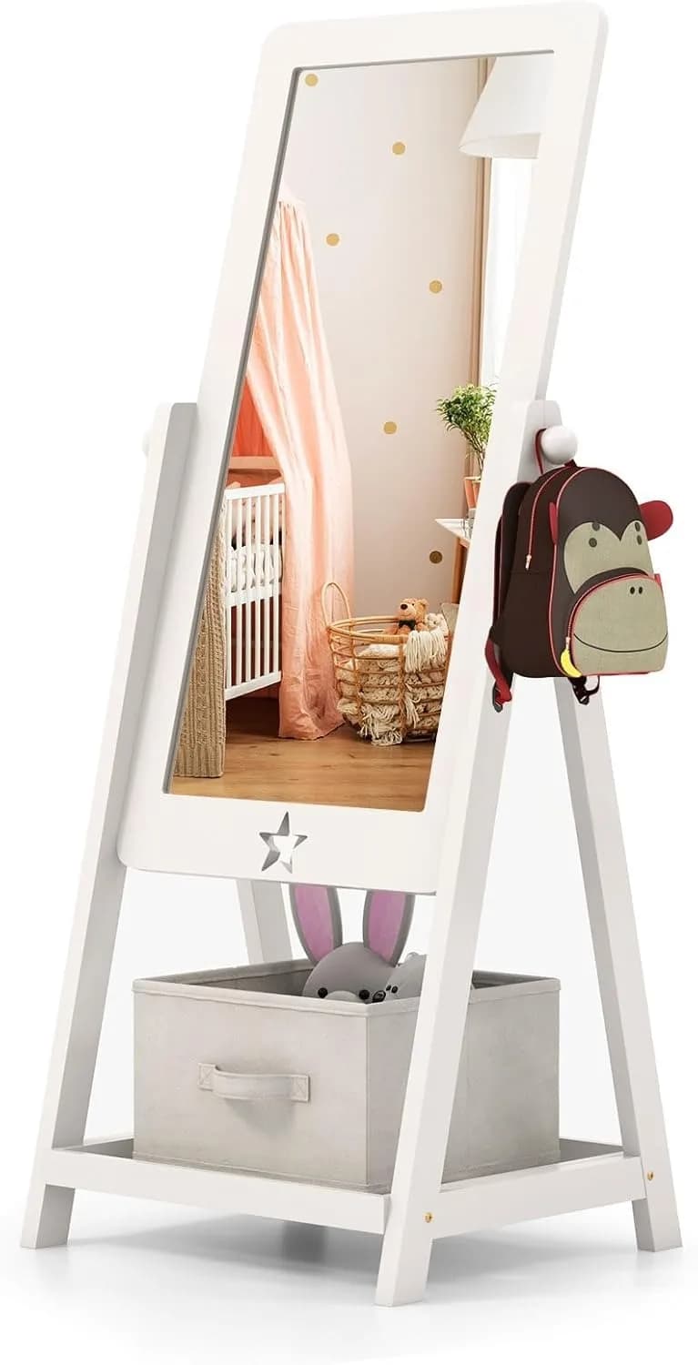 Specchio per bambini, specchio per vestirsi per bambini in materiale non vetroso infrangibile con scatola portaoggetti per scarpe e accessori, vista regolabile