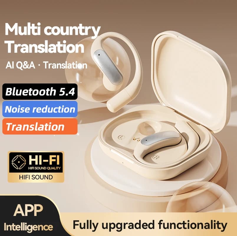Auricolari Bluetooth wireless con riduzione del rumore ANC, traduzione in tempo reale degli auricolari con gancio per l'orecchio Stereo HiFi per cuffie sportive/giochi