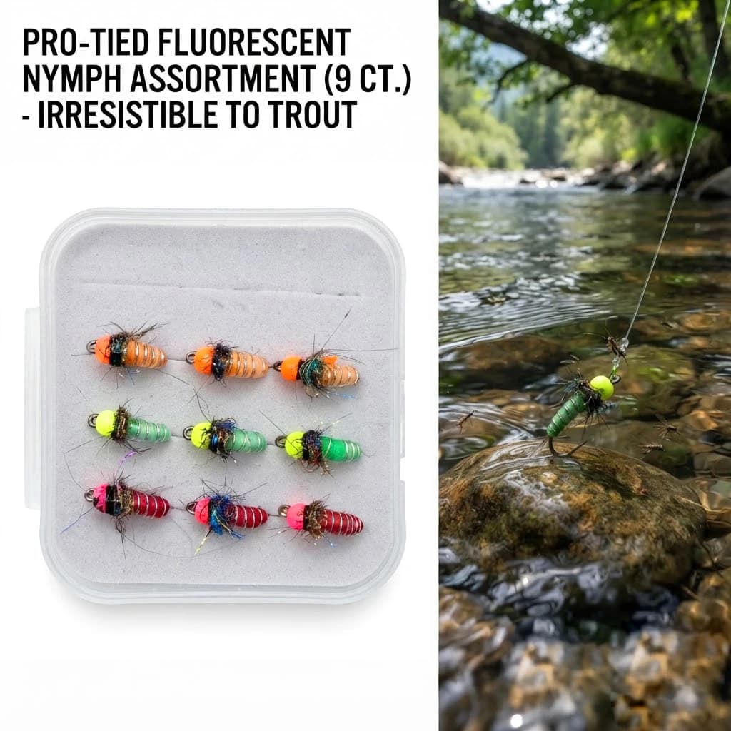 Pro-Tied Fluorescent Nymph Assortment 9 Pcs Tungsten Bead Head Fly Fishing Lures Barbless Hooks Tackle Box Kit