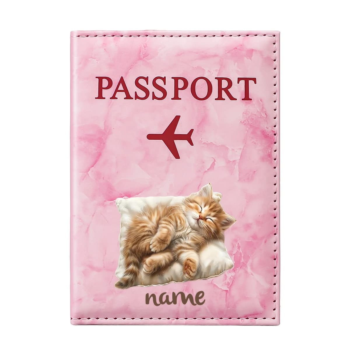 Personalized Name Cute Cat Pillow Illustration Design PU Passport Holder, Featuring a Lazy Sleeping Orange Cat.