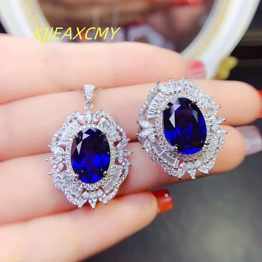 KJJEAXCMY 925 Sterling Silver Zaffiro Naturale Della Pietra Preziosa delle Donne Nuovo Anello + Pendente Set Festa di Compleanno della Ragazza Regalo Di Natale