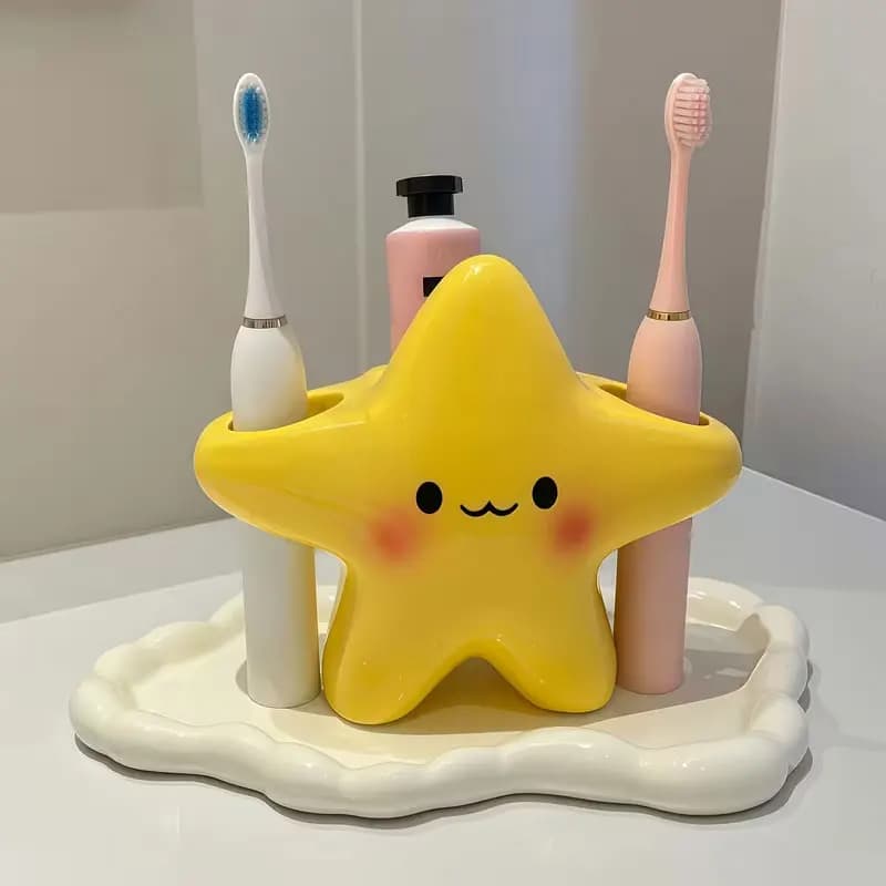 1 pezzo - Portaspazzolino in plastica a forma di stella, grazioso organizer da bagno autoportante, con design a faccina simpatica, struttura in plastica resistente, portaspazzolino multifunzionale, nessuna installazione richiesta
