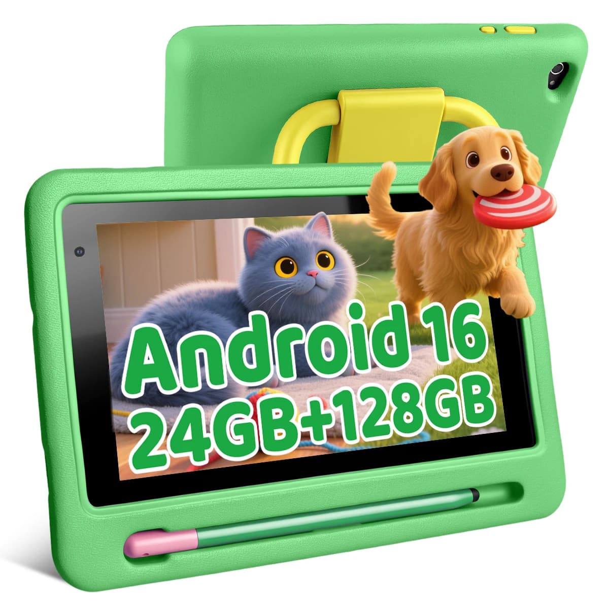 New K06 7" Kids Tablet PC Android16 24(3+21)GB Expanded RAM 128GB Storage Five‑Core Processor Shock‑Proof Protective Case Stylus Pen Learning Games Tablet For Boys Girls US Stock
